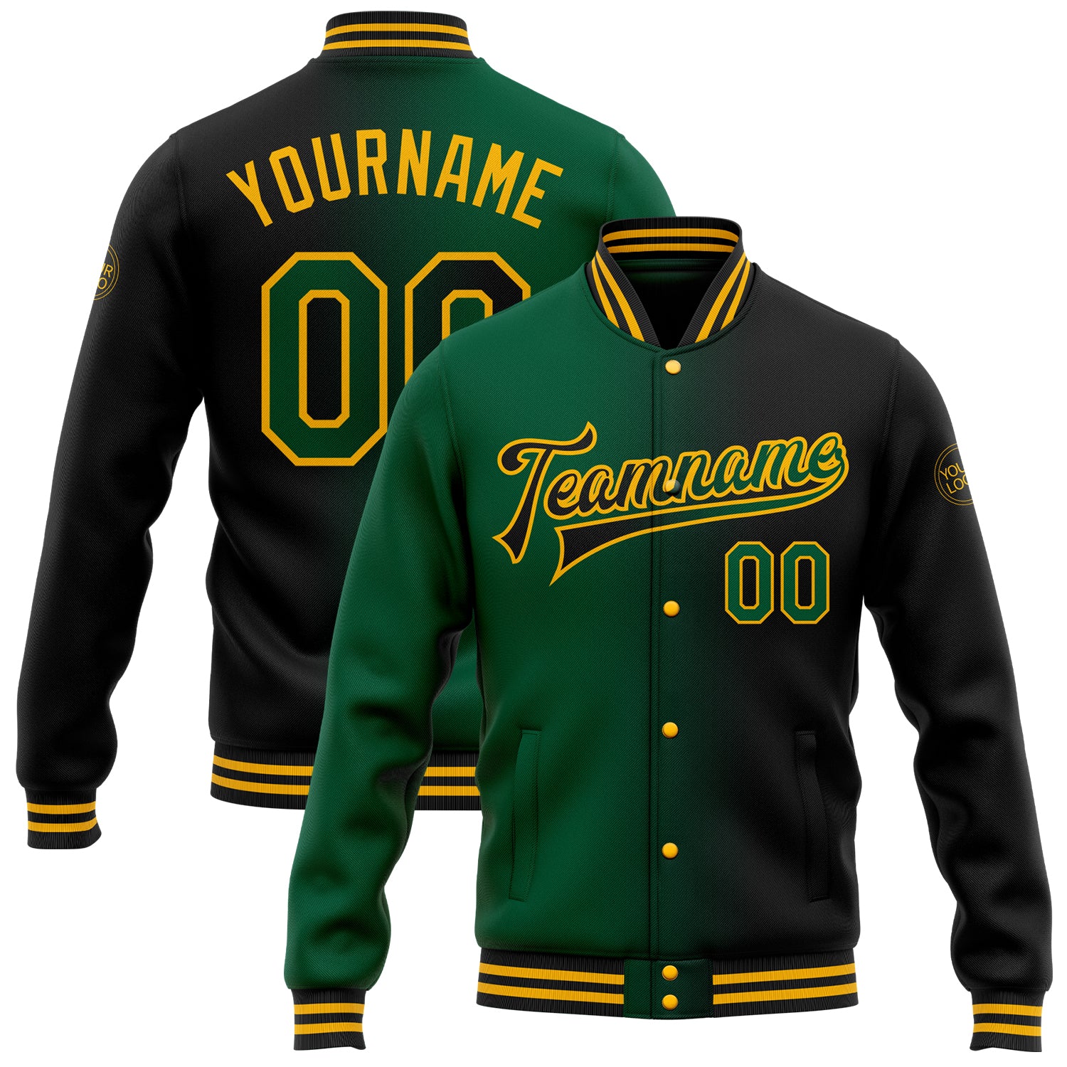 Personalized Black Green Gold Gradient Varsity Letterman Bomber Jacket Full-Snap Fashion Personalized Black Kelly Green-Gold