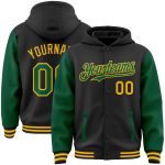 Custom Name and Number Personalized Black and Kelly Green Gold Two Tone Varsity Letterman Bomber Hoodie Jacket Personalized