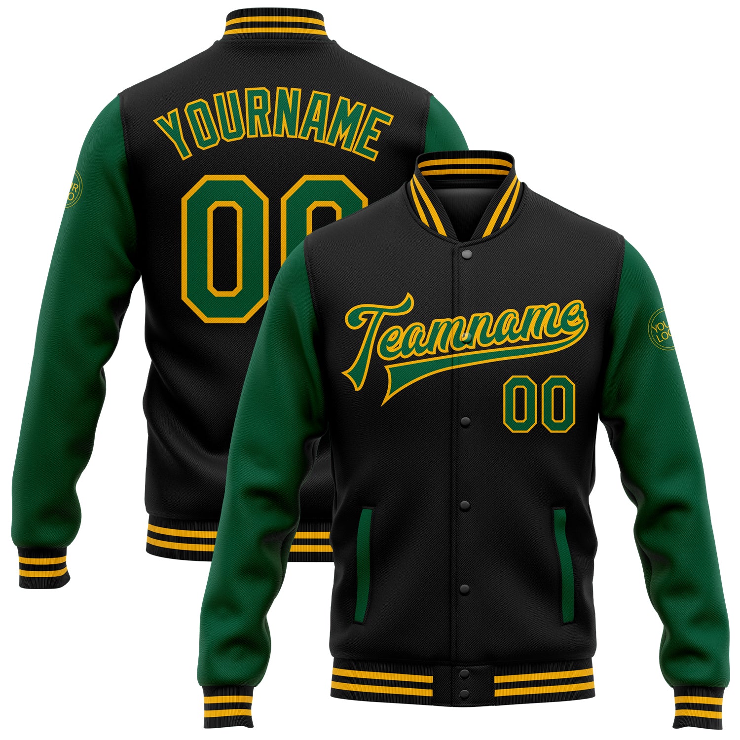 Personalized Black and Kelly Green Gold Varsity Letterman Bomber Jacket Personalized Black Kelly Green-Gold Bomber Full-Snap