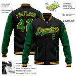 Personalized Black and Kelly Green Gold Varsity Letterman Bomber Jacket Personalized Black Kelly Green-Gold Bomber Full-Snap