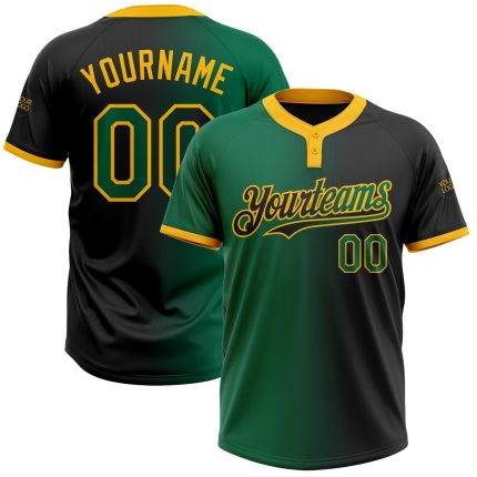 Personalized Unisex Softball Jersey Black Kelly Green Gold Gradient Two-Button Fashion Personalized Black Kelly Green-Gold