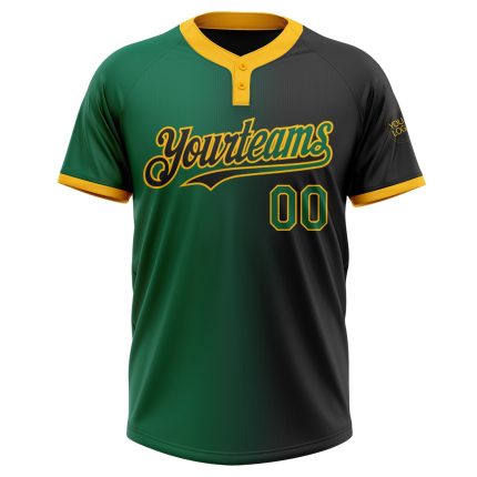 Personalized Unisex Softball Jersey Black Kelly Green Gold Gradient Two-Button Fashion Personalized Black Kelly Green-Gold