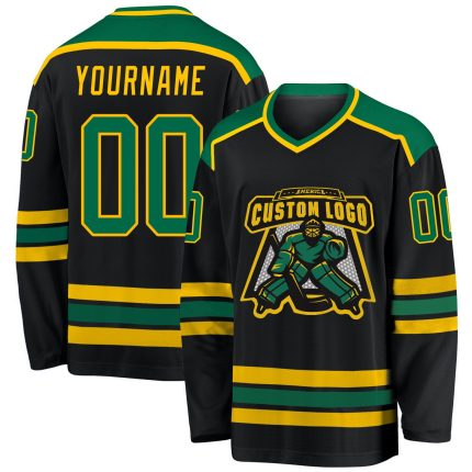 Custom Team Hockey Jersey - Personalized Black and Kelly Green with Gold Name & Number Personalized Black Kelly Green-Gold