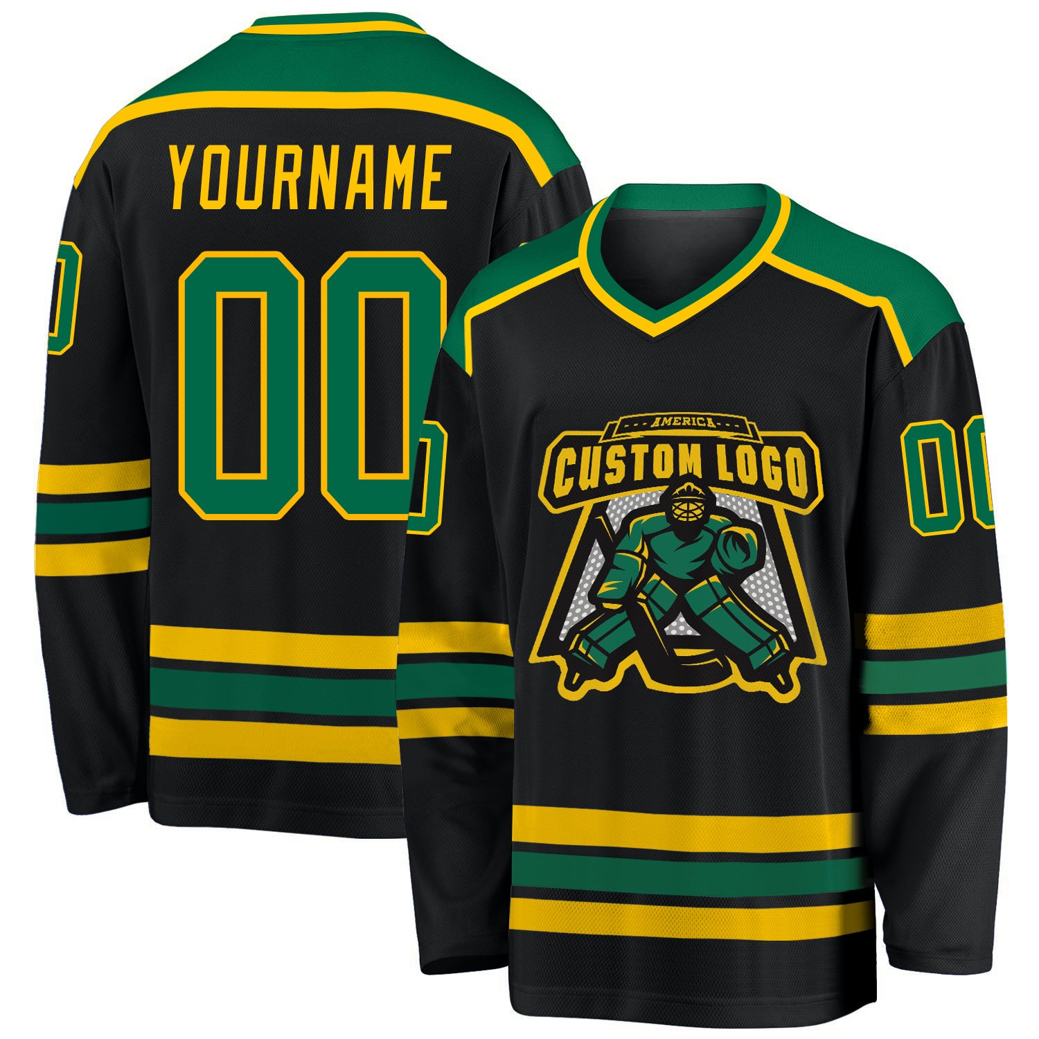 Custom Team Hockey Jersey - Personalized Black and Kelly Green with Gold Name & Number Personalized Black Kelly Green-Gold