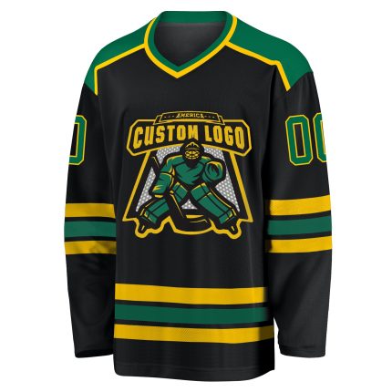 Personalized Hockey Jersey in Black Kelly Green and Gold - Custom Sports Apparel Personalized Black Kelly Green-Gold Hockey