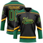 Personalized Black Green Gold Hockey Lace Neck Jersey for Men and Women Personalized Black Kelly Green-Gold Hockey Lace Neck
