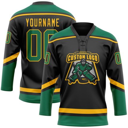 Personalized Black Green Gold Hockey Lace Neck Jersey for Men and Women Personalized Black Kelly Green-Gold Hockey Lace Neck