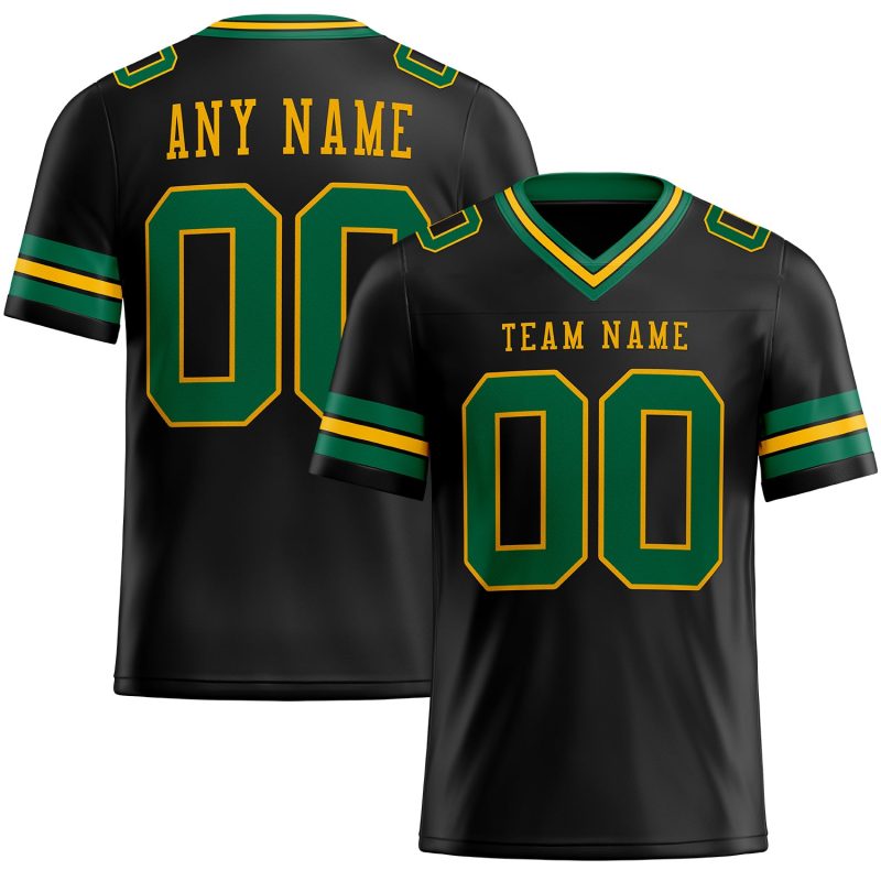 Personalized Black Green and Gold Football Jersey - Custom Mesh Style Personalized Black Kelly Green-Gold Mesh Football Jersey