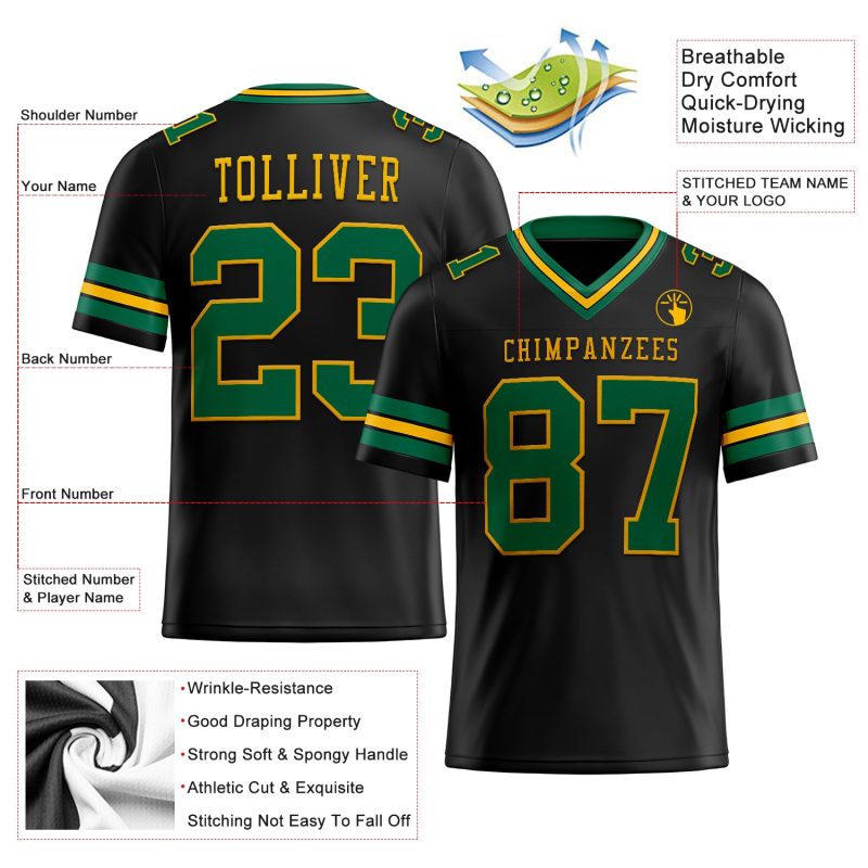 Personalized Black Green and Gold Football Jersey - Custom Mesh Style Personalized Black Kelly Green-Gold Mesh Football Jersey