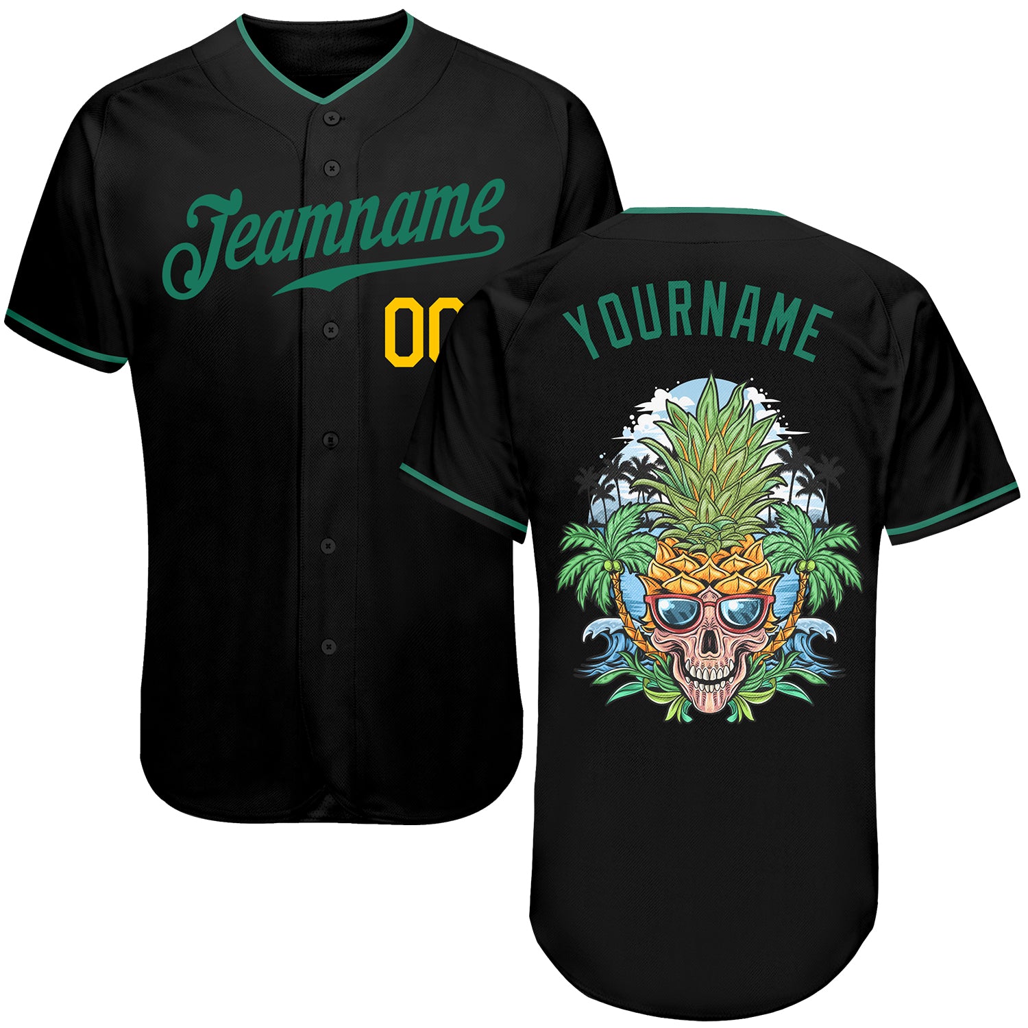 Custom Black Green Gold Skull Pineapple Baseball Jersey - Personalized Sports Apparel Personalized Black Kelly Green-Gold