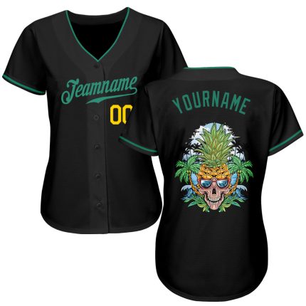 Custom Black Green Gold Skull Pineapple Baseball Jersey - Personalized Sports Apparel Personalized Black Kelly Green-Gold