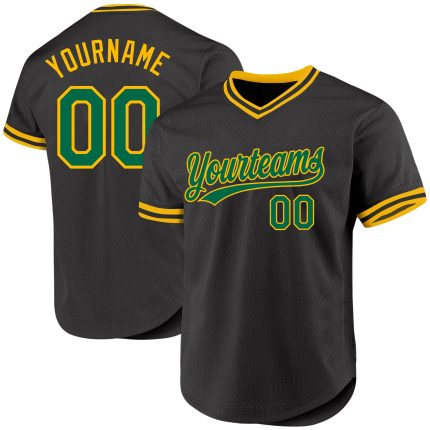 Personalized Green Gold Throwback Baseball Jersey - Custom Black Jersey for Fans Personalized Black Kelly Green-Gold Throwback