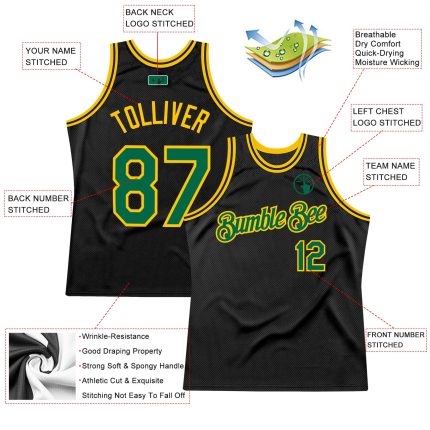 Personalized Green Gold Throwback Basketball Jersey - Black Color Design Personalized Black Kelly Green-Gold Throwback Basketball