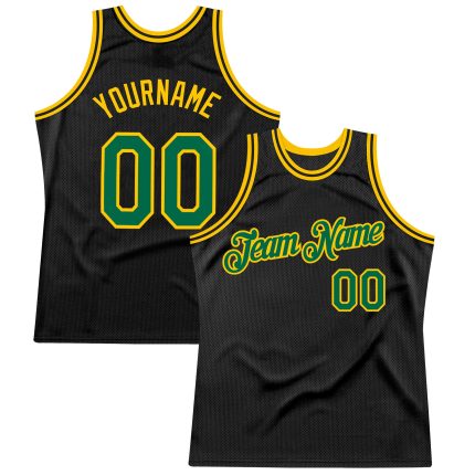 Personalized Green Gold Throwback Basketball Jersey - Black Color Design Personalized Black Kelly Green-Gold Throwback Basketball