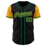 Personalized Black Green Gold Two Tone Baseball Jersey for Adults Personalized Black Kelly Green-Gold Two Tone Baseball Jersey
