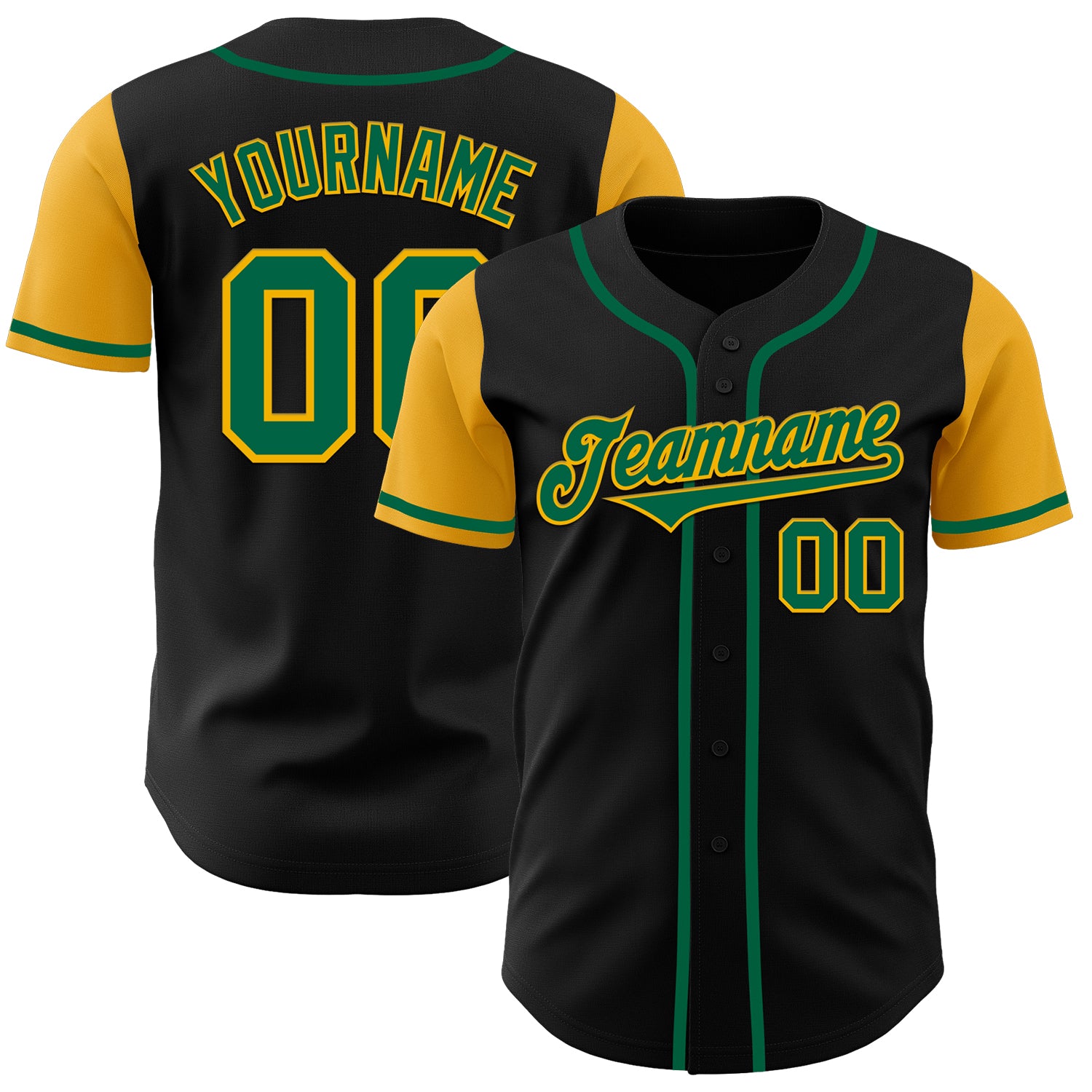 Personalized Black Green Gold Two Tone Baseball Jersey for Adults Personalized Black Kelly Green-Gold Two Tone Baseball Jersey