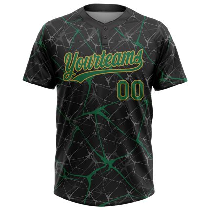 Personalized 3D Abstract Two-Button Unisex Softball Jersey - Black, Kelly Green & Old Gold Personalized Black Kelly Green-Old