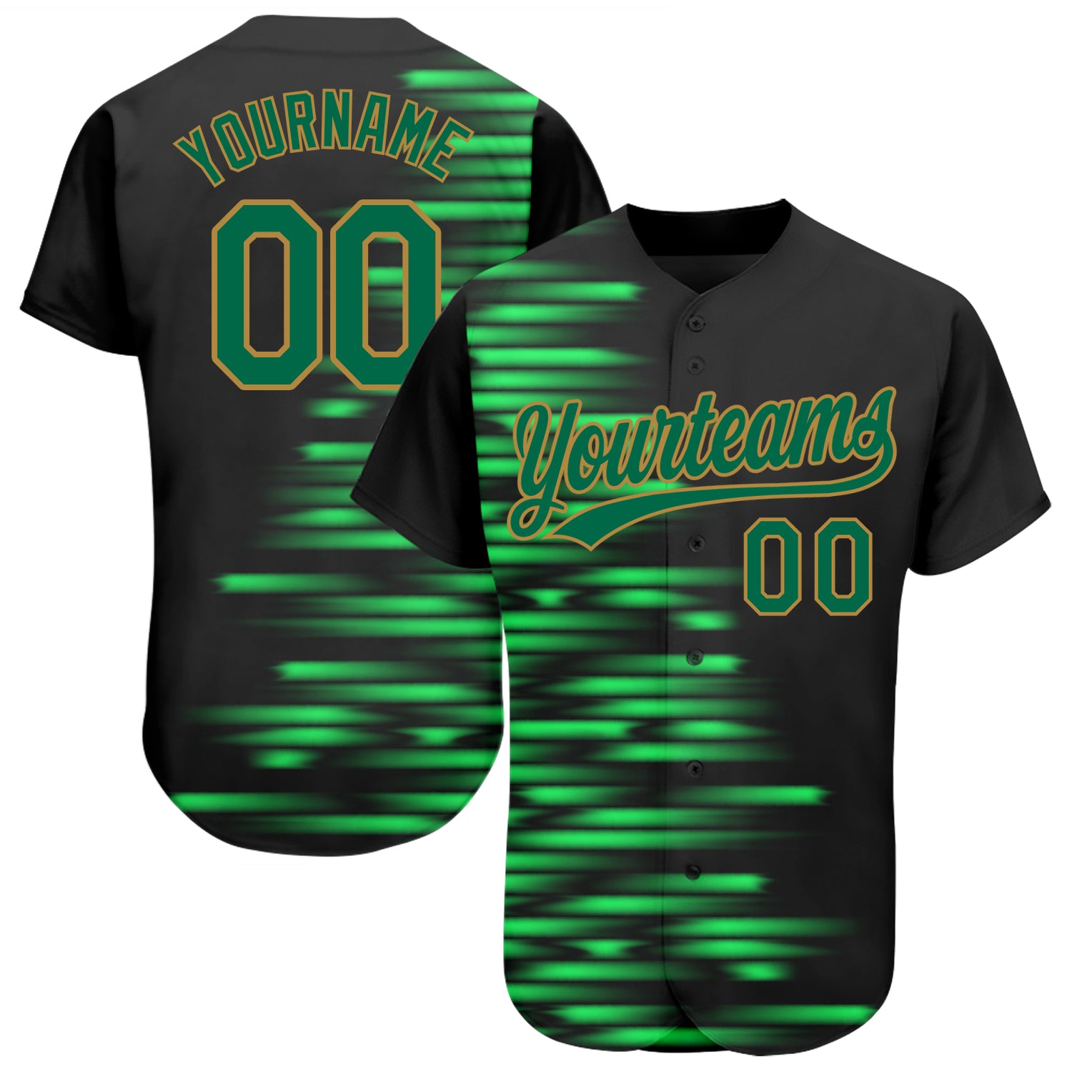 Personalized 3D Baseball Jersey in Black, Kelly Green & Old Gold for Men and Women Personalized Black Kelly Green-Old Gold
