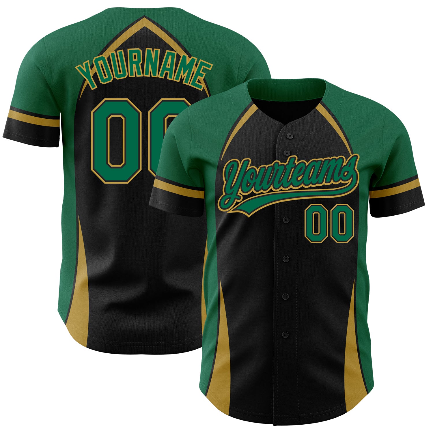 Personalized 3D Curve Solid Baseball Jersey in Black, Kelly Green, and Old Gold Personalized Black Kelly Green-Old Gold 3D