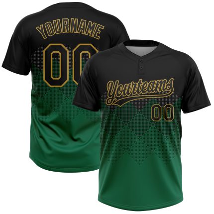 Personalized Black Kelly Green Gold 3D Gradient Two-Button Unisex Softball Jersey Personalized Black Kelly Green-Old Gold