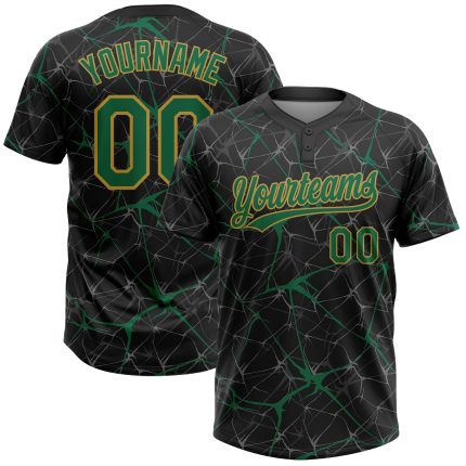 Custom Name and Number Personalized Unisex Softball Jersey - Black Kelly Green-Old Gold 3D Pattern, Two-Button Design Personalized