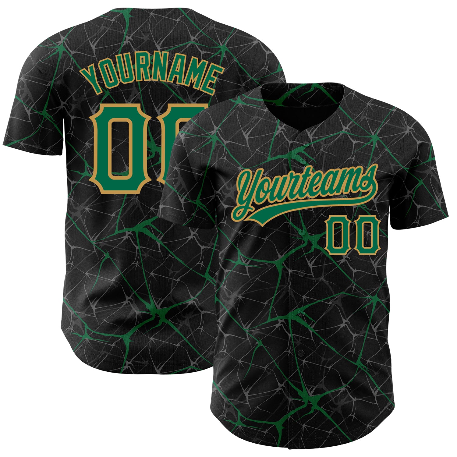 Custom Name and Number Baseball Jersey - Personalized 3D Pattern Design in Black, Kelly Green, and Old Gold - Authentic Team Apparel