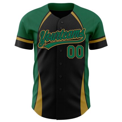 Custom Authentic Baseball Jersey - Personalized Black Kelly Green Gold 3D Pattern Design with Name and Number Personalized
