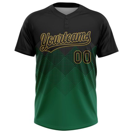 Custom Name & Number Personalized Softball Jersey - Unisex Two-Button 3D Pattern Gradient in Black, Kelly Green & Old Gold