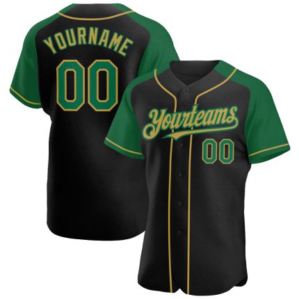 Custom Name Number Baseball Jersey - Personalized Black Kelly Green Old Gold Authentic Raglan Sleeves Personalized Black