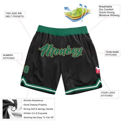 Custom Name and Number Personalized Basketball Shorts Black Kelly Green Old Gold Authentic Throwback Personalized Black Kelly