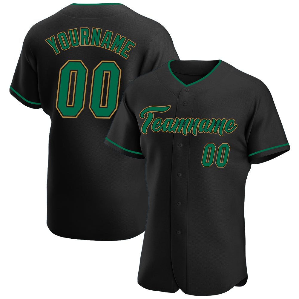 Personalized Baseball Jersey in Black Kelly Green & Old Gold for Custom Team Spirit Personalized Black Kelly Green-Old Gold