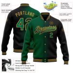 Personalized Gradient Varsity Letterman Jacket - Black Kelly Green Old Gold Bomber Full-Snap Personalized Black Kelly Green-Old