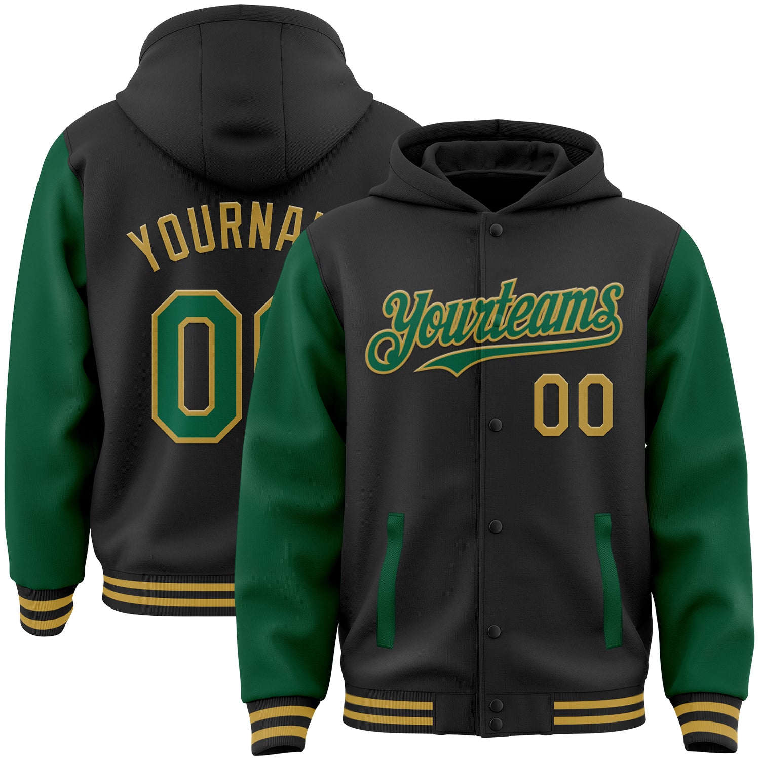 Custom Name Number Varsity Letterman Hoodie Jacket - Personalized Black Kelly Green Old Gold Two-Tone Bomber Personalized