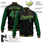 Personalized Two Tone Bomber Varsity Letterman Jacket in Black Kelly Green and Old Gold Personalized Black Kelly Green-Old