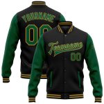 Personalized Two Tone Bomber Varsity Letterman Jacket in Black Kelly Green and Old Gold Personalized Black Kelly Green-Old