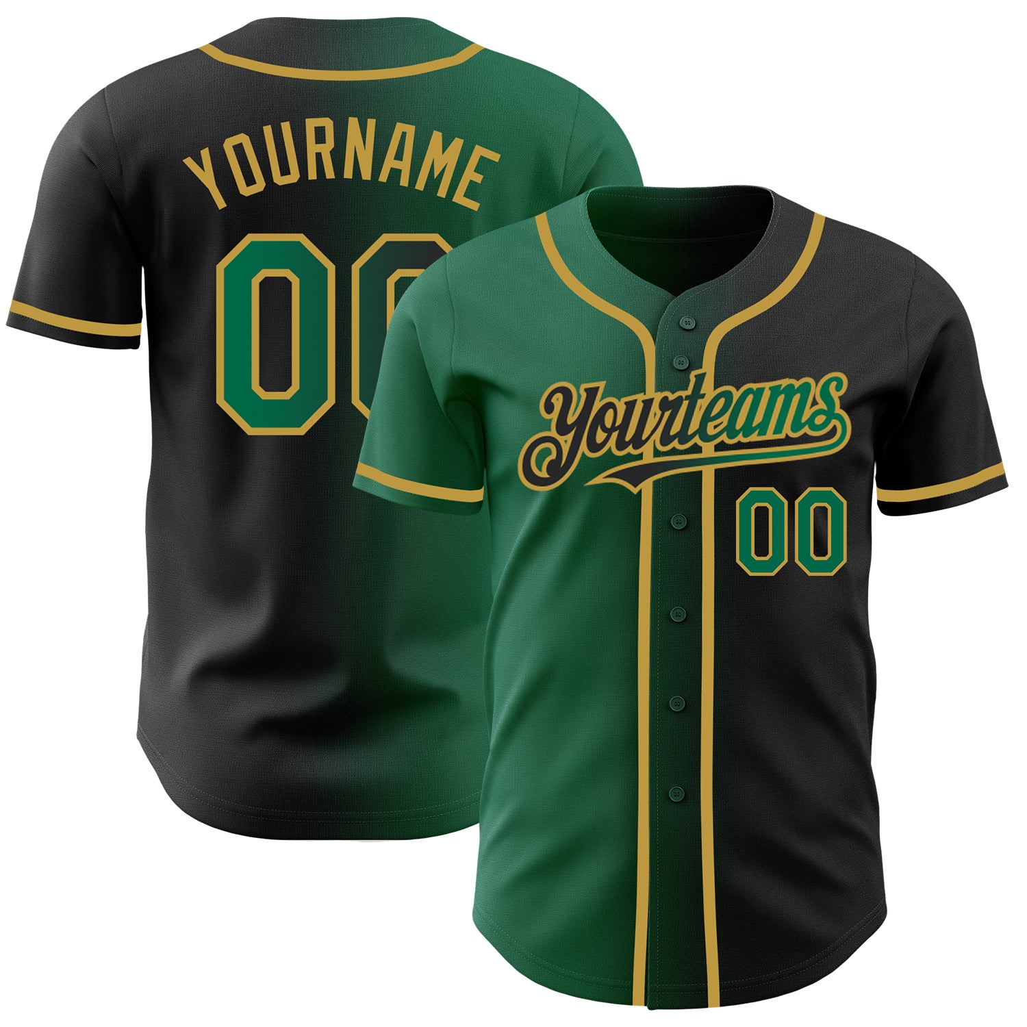 Personalized Black and Green Gradient Fashion Baseball Jersey for Men & Women Personalized Black Kelly Green-Old Gold Gradient