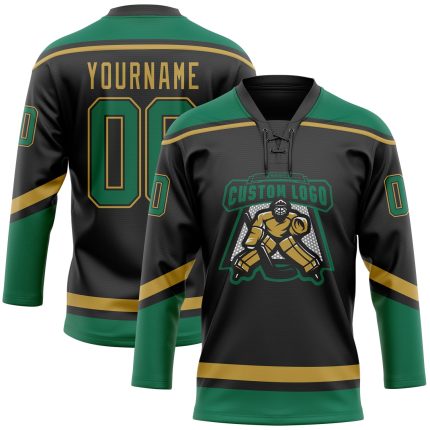 Personalized Hockey Jersey in Black, Kelly Green, and Old Gold Lace Neck Design Personalized Black Kelly Green-Old Gold Hockey