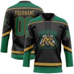 Custom Name and Number Hockey Lace Neck Jersey - Personalized Black and Kelly Green-Old Gold Team Jersey Personalized Black