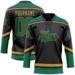 Personalized Hockey Jersey in Black, Kelly Green, and Old Gold Lace Neck Design Personalized Black Kelly Green-Old Gold Hockey