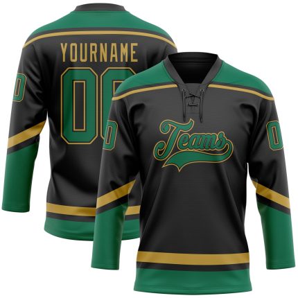 Personalized Hockey Jersey in Black, Kelly Green, and Old Gold Lace Neck Design Personalized Black Kelly Green-Old Gold Hockey