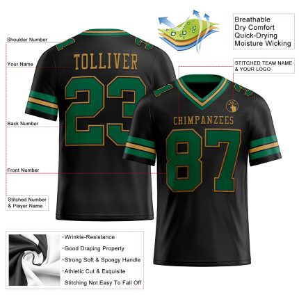 Custom Football Jersey for Team - Personalized Black Kelly Green-Old Gold with Name and Number - Authentic Mesh Design Personalized