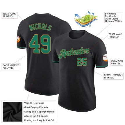 Custom Black Kelly Green Old Gold Performance Tee for Men and Women Personalized Black Kelly Green-Old Gold Performance T-Shirt
