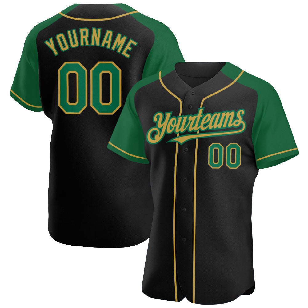 Personalized Black Kelly Green Old Gold Baseball Jersey with Raglan Sleeves Personalized Black Kelly Green-Old Gold Raglan