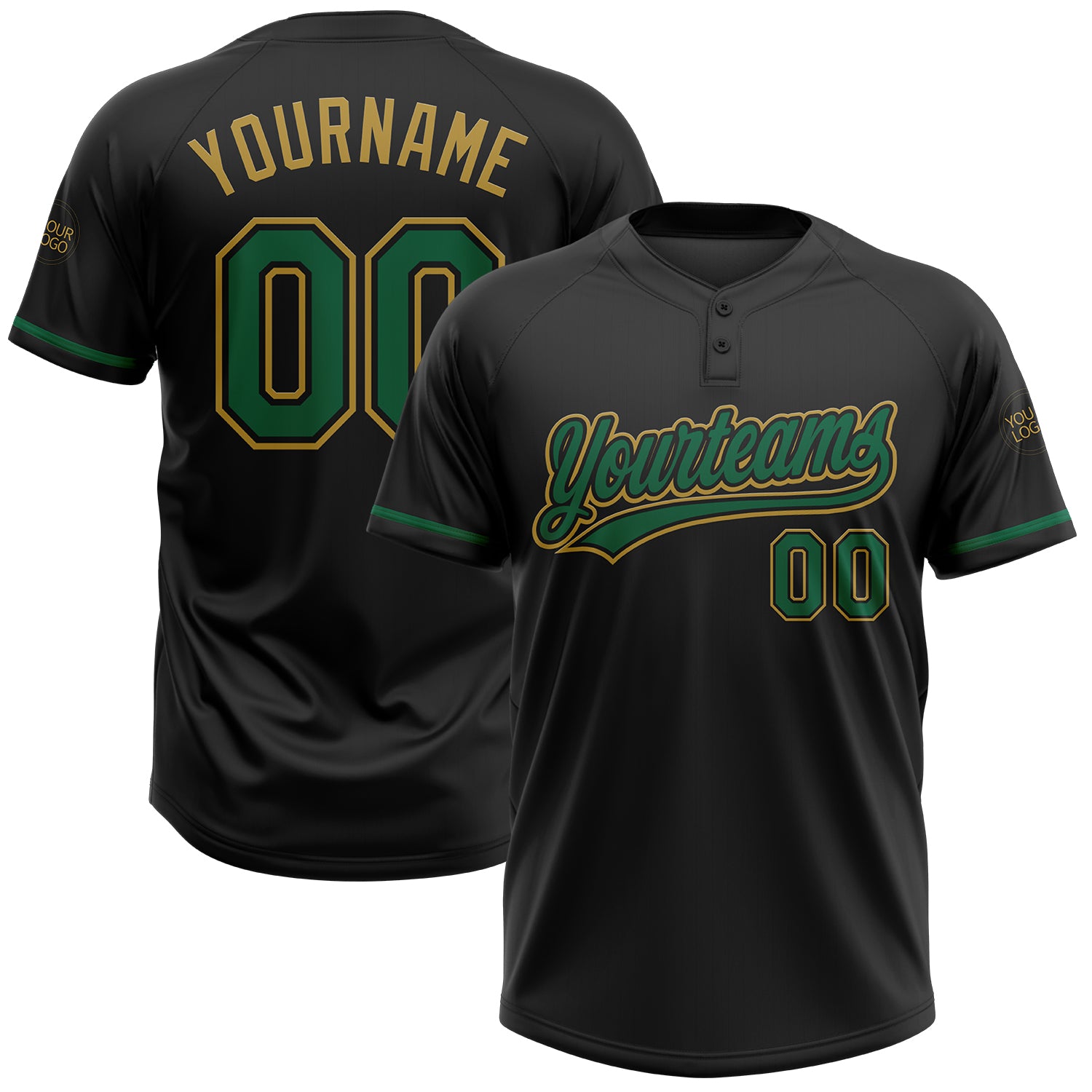 Personalized Softball Jersey Unisex Two-Button Black Kelly Green-Old Gold Personalized Black Kelly Green-Old Gold Two-Button