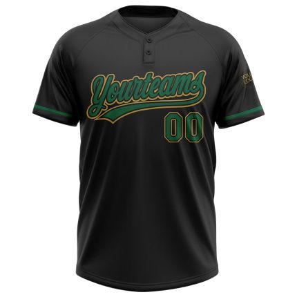 Customizable Softball Jersey - Unisex Two-Button Design in Black, Kelly Green, Old Gold with Team Name and Number Personalized