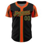 Custom Name Number Authentic Baseball Jersey in Black Kelly Green-Orange, Personalized Team Colors, Available in 3 Arm Shapes
