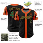 Custom Name Number Authentic Baseball Jersey in Black Kelly Green-Orange, Personalized Team Colors, Available in 3 Arm Shapes