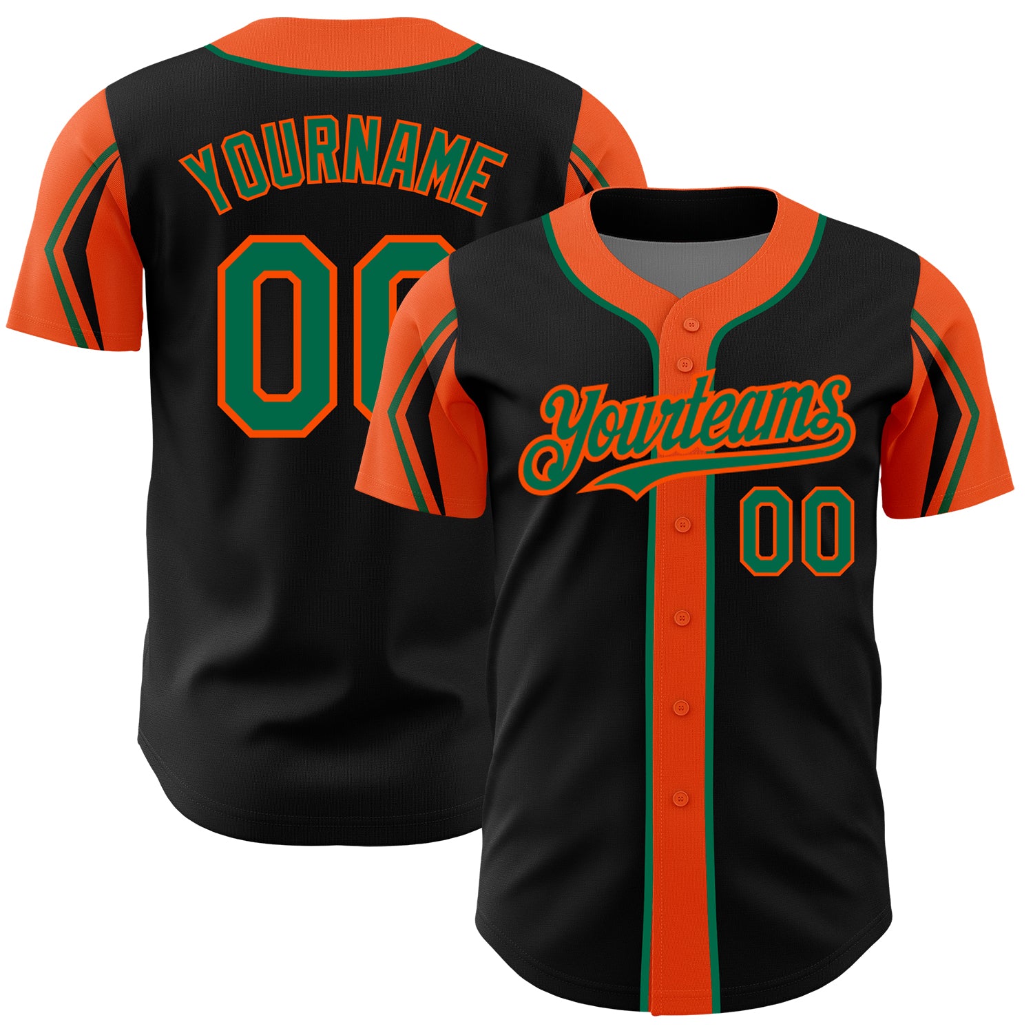 Personalized Black Baseball Jersey in Kelly Green-Orange, 3 Colors Available, Arm Shapes Design Personalized Black Kelly