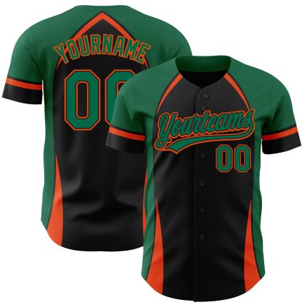 Custom Name and Number Authentic Baseball Jersey in Black and Kelly Green-Orange 3D Pattern Design Personalized Black Kelly