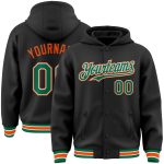 Custom Team Bomber Hoodie Jacket - Personalized Black Kelly Green Orange Varsity Full-Snap with Name & Number Personalized